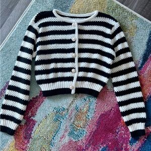 Black & White Stripe Gold Button Crop Crochet Cardigan